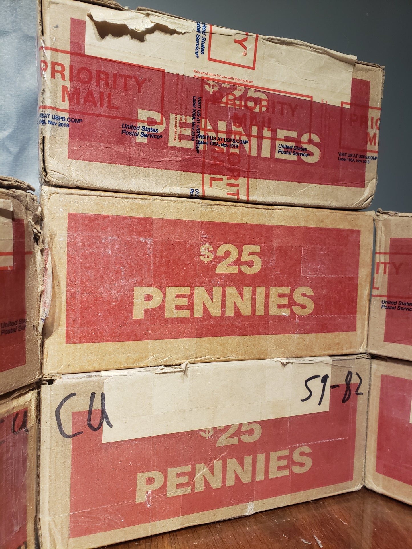 3 Stacked Boxes of Copper Pennies