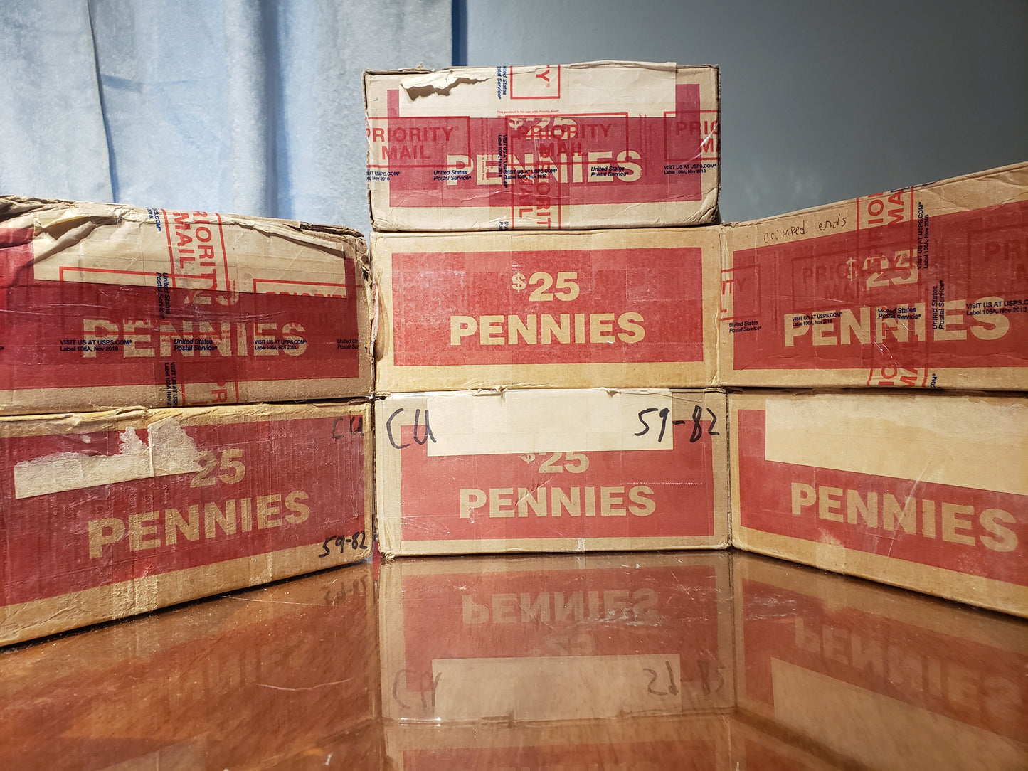 Boxes of Copper Pennies Stacked
