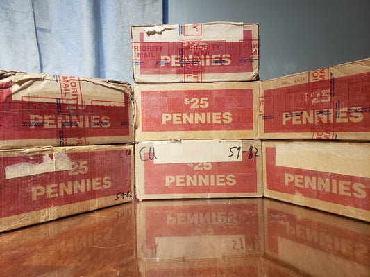 Boxes of Copper Pennies Stacked